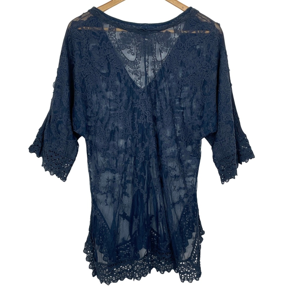 XCVI Boho Blue Floral Lace Sheer V-Neck Tunic Top Womens L Crochet Fairy Grunge - Picture 3 of 8
